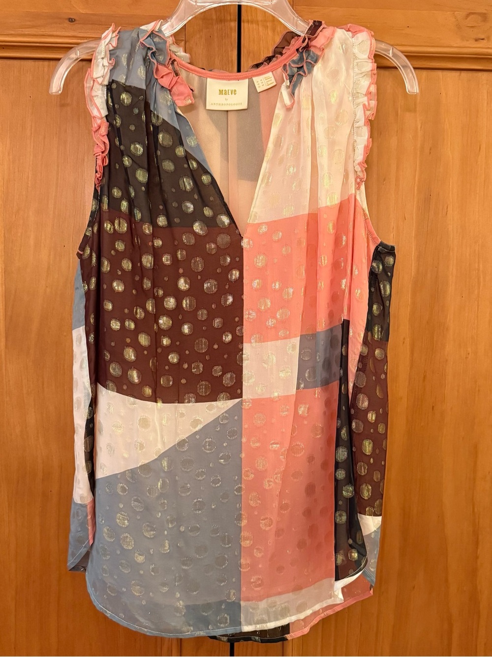 Anthropologie Maeve Sleeveless Top Blouse Neutral Colors Gold Polka Dots 12